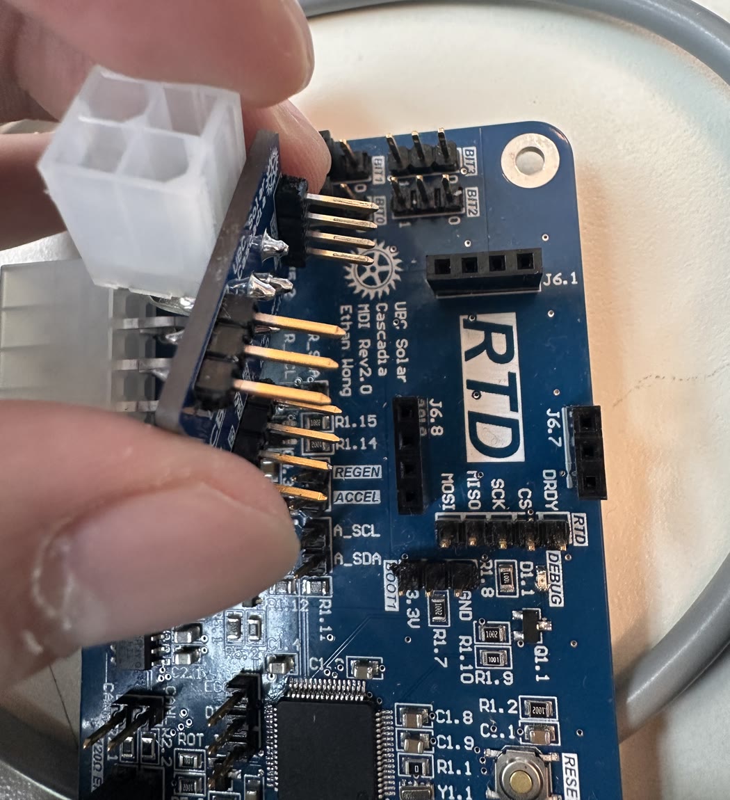 The RTD breakout being plugged into UBC Solar's Motor Drive Interface board