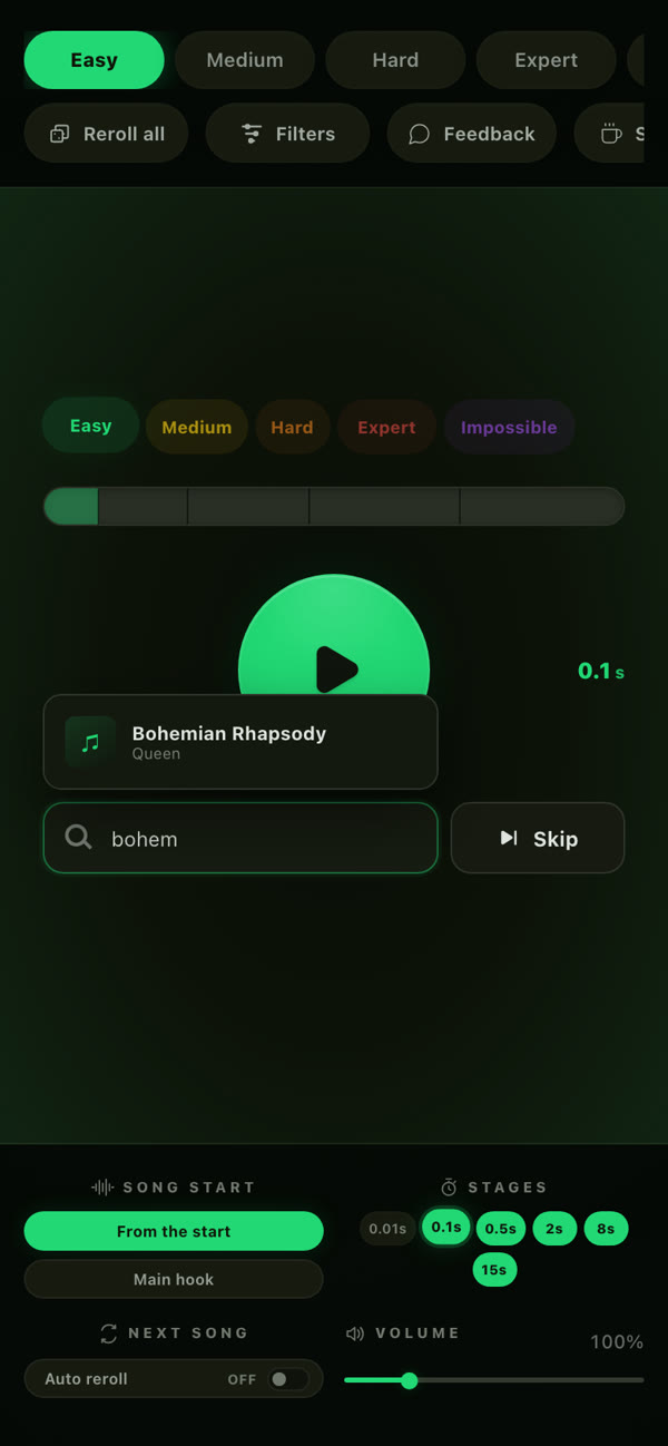 Songless on a phone: difficulty buttons, the clue bar at 0.1 seconds, and a search suggesting Bohemian Rhapsody