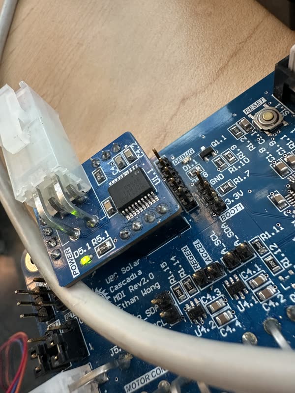 The Motor Drive Interface board with the RTD breakout fitted and a green LED lit