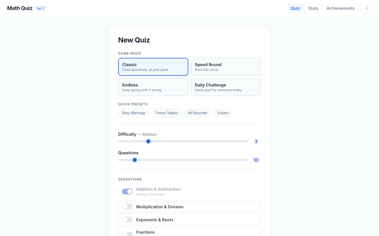 Math Quiz's new-quiz screen: four game modes, presets, difficulty and question sliders