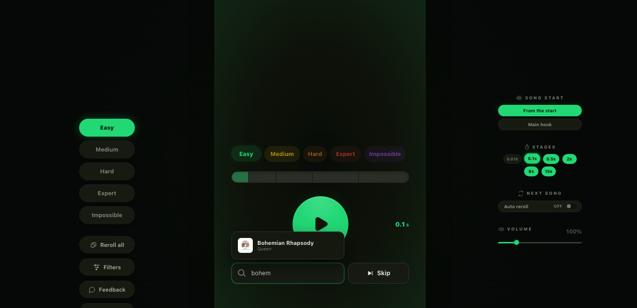 Songless mid-round: difficulty buttons, the clue bar, a play button and a search box