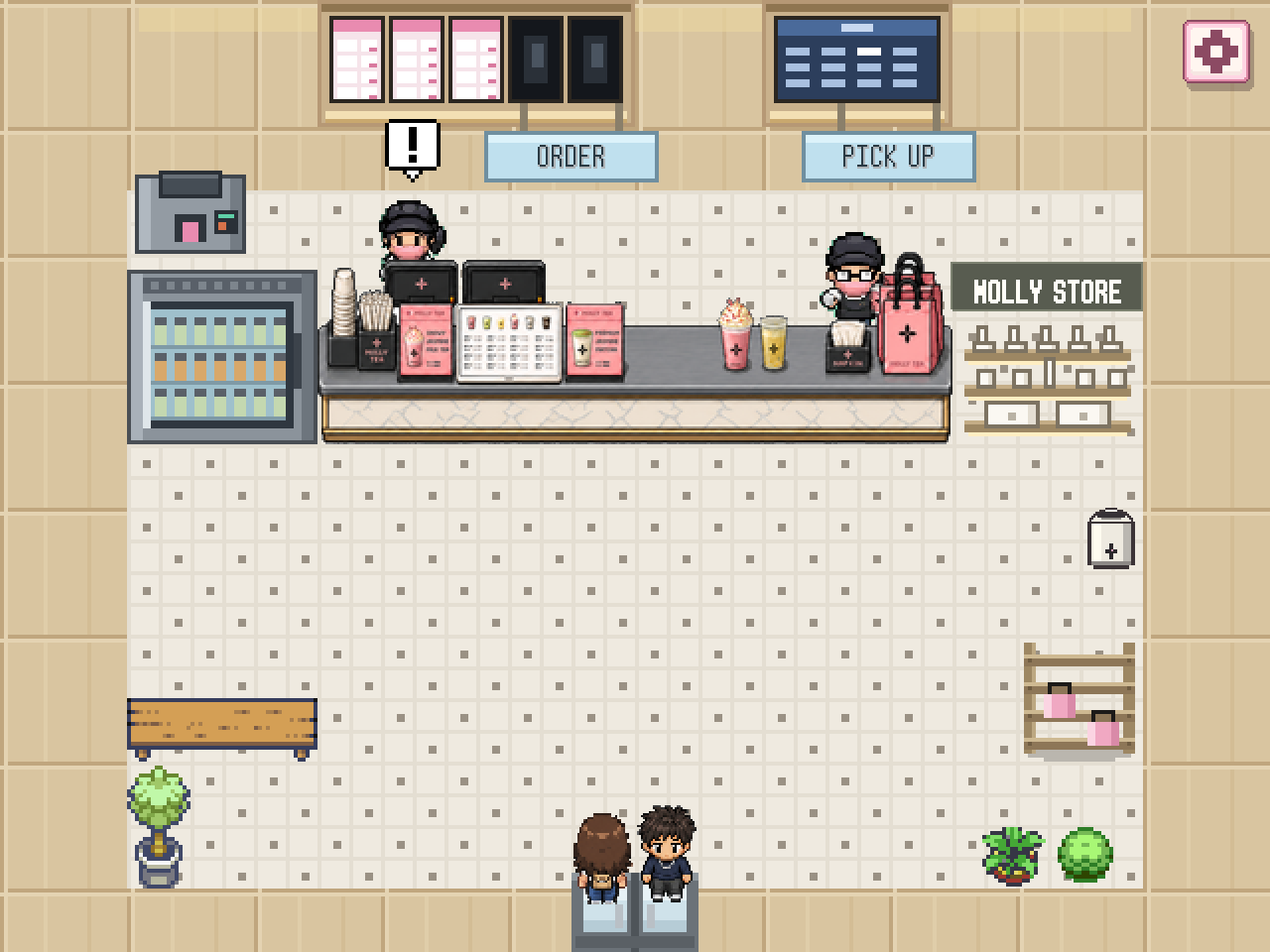 Us gameplay inside the Molly Tea shop: a barista with an exclamation-mark prompt and the order and pickup counters