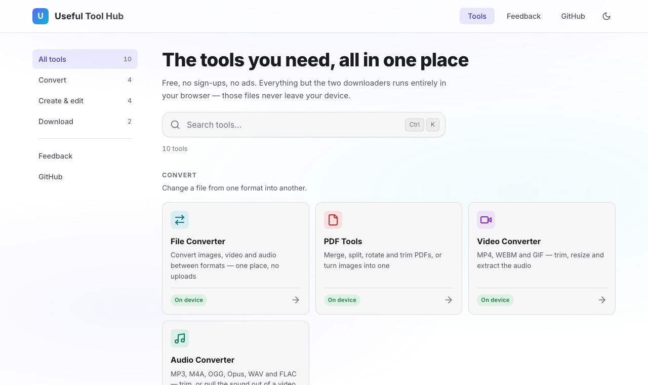 Useful Tool Hub's home page listing its tools